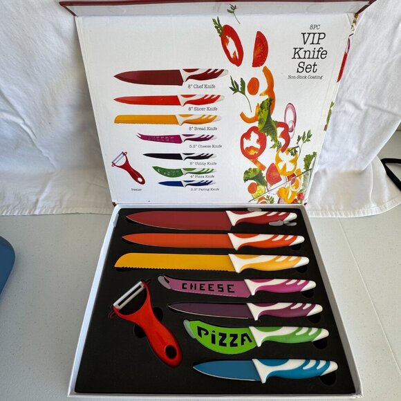 8 Piece Colorful Kitchen Knife Set with Non Stick Coating and Peeler NIB - Picture 2 of 2
